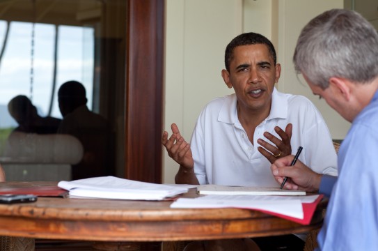 President Barack Obama meets with NSC chief of staff Denis McDonough about updates concerning the attempted terrorist on Christmas Day. This briefing occurred in Kailua, Hawaii on Dec. 29, 2009. The President has received updates throughout his vacation since the incident.
(Official White House photo by Pete Souza)